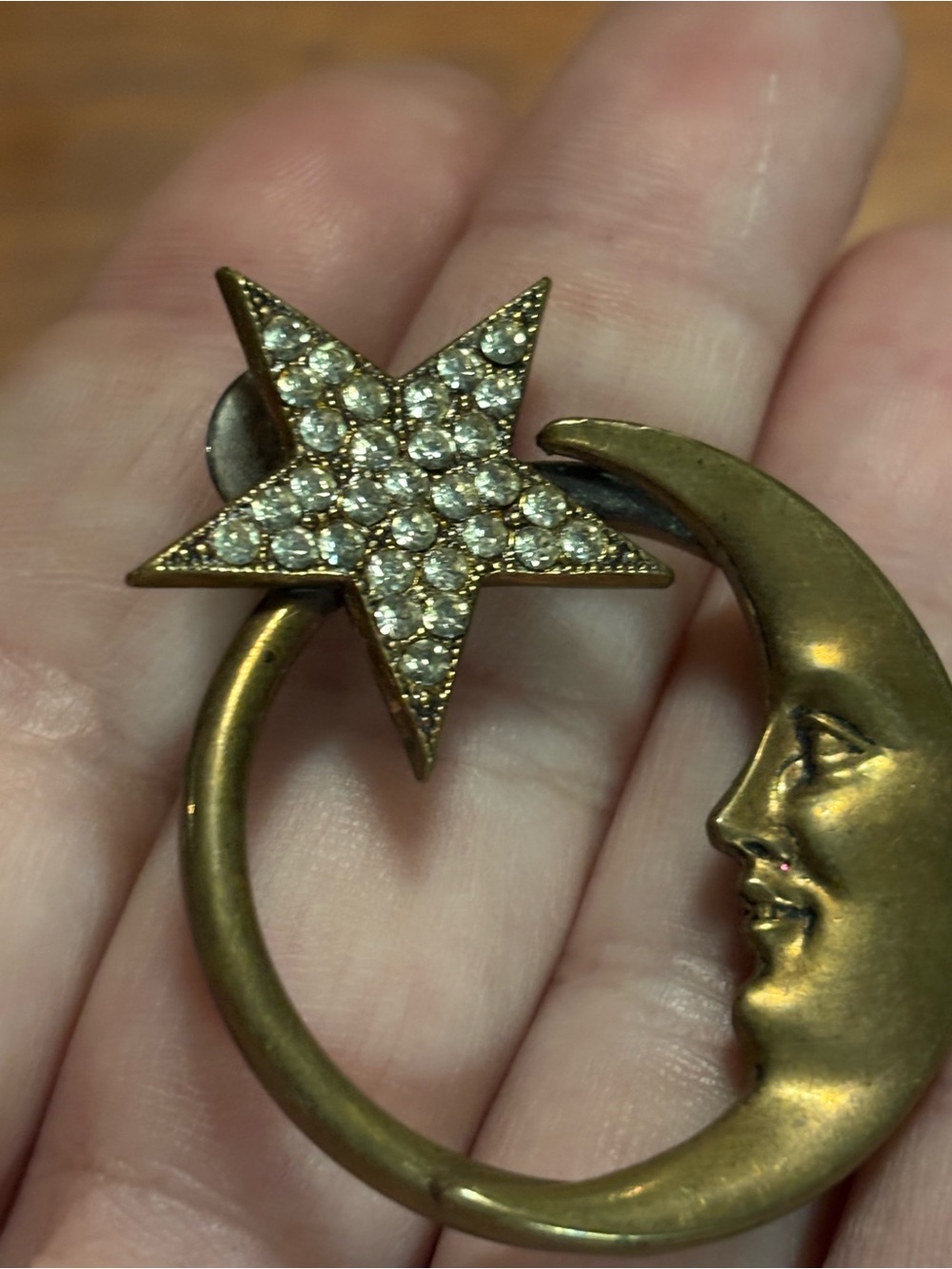 Vintage Moon and Star Rhinestone Brooch Pin crescent brass